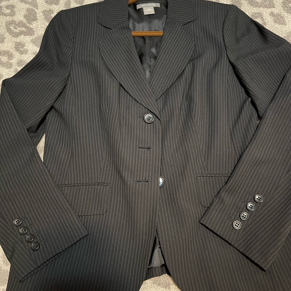 Ann Taylor 3 piece suit - jacket, vest, skirt, dark navy blue with pin stripes